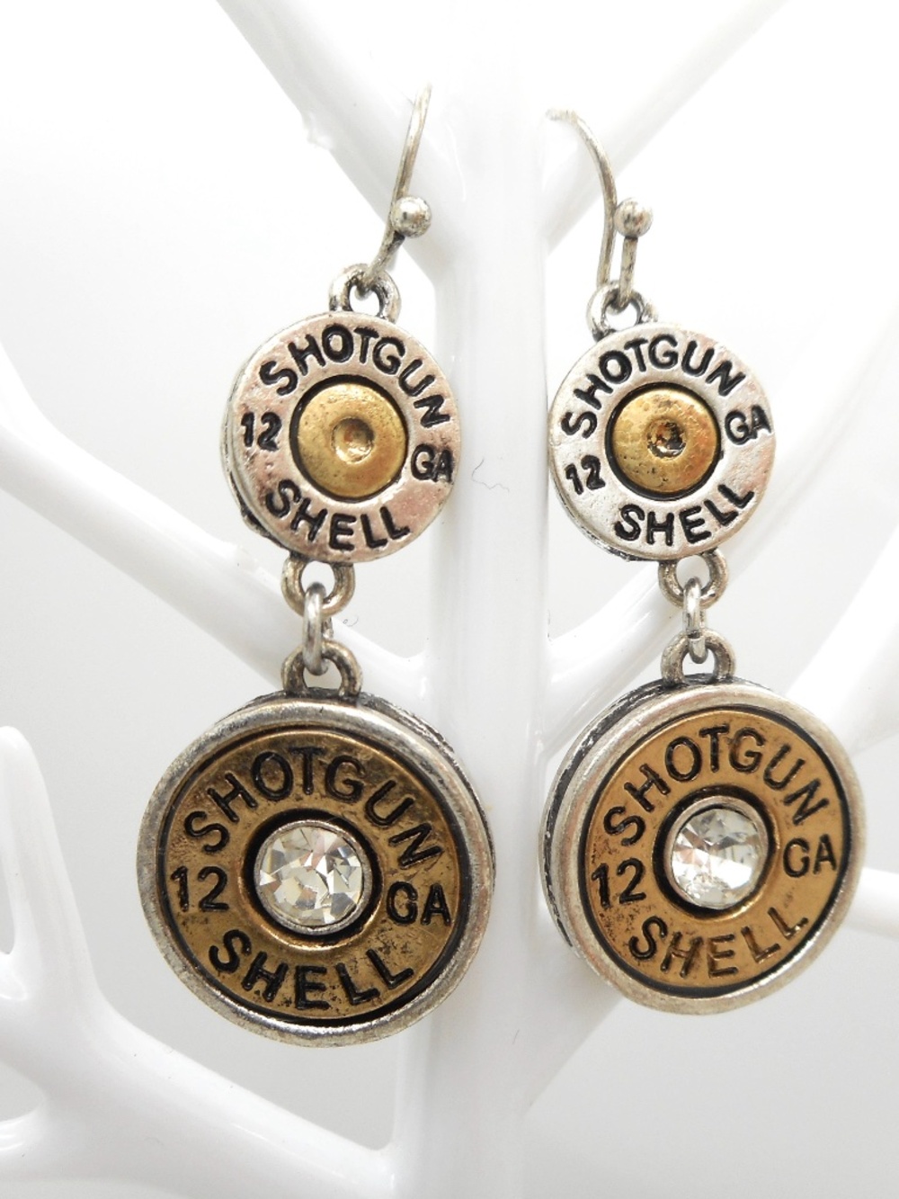 Two Tone Dangle Shotgun Shell Bullet Earrings Crystal Accented